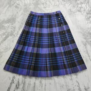 Vintage 80s Claude Skirt Womens 13/14 Purple Black Plaid Pleated Midi Wool Blend